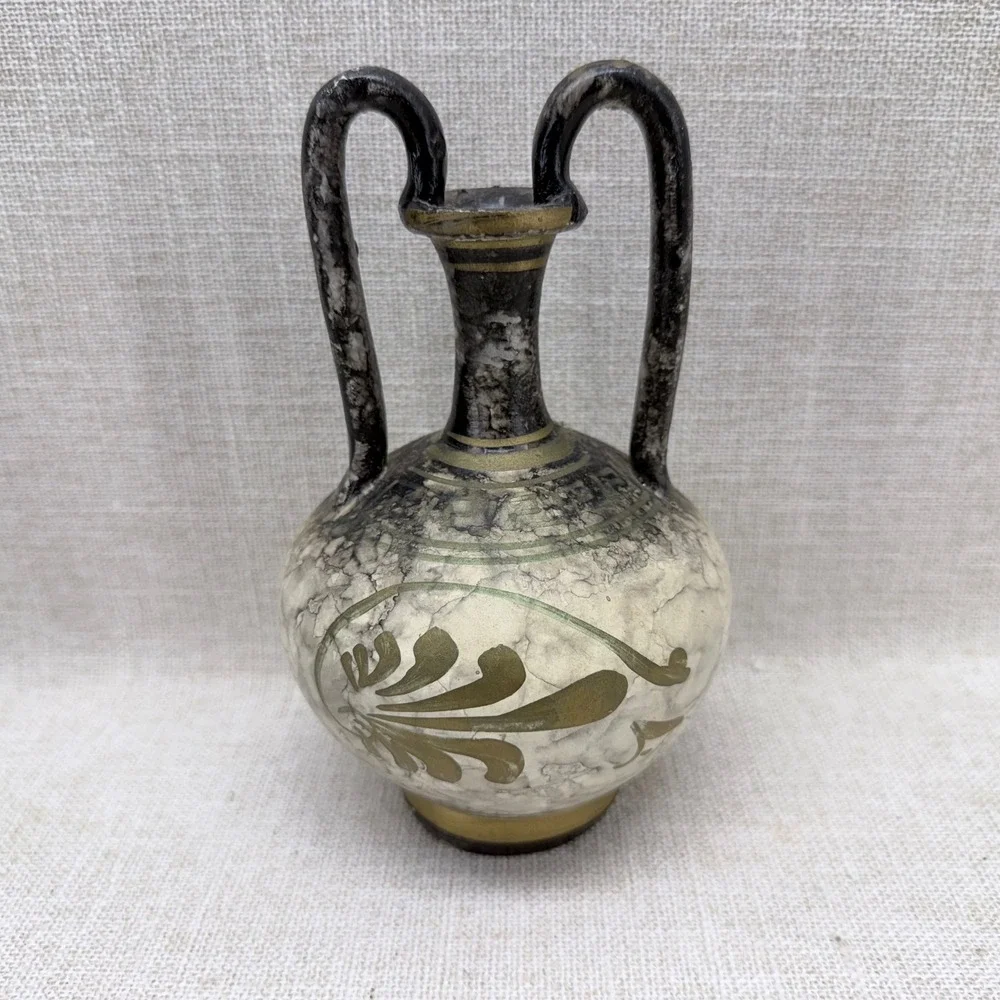 Vintage Handmade‎ Greek Pottery Amphora Vase Hand Painted Sailing Ship 7.5